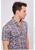 Max Colton White with Black, Purple, Orange, Magenta, Blue and Navy Flowers Short Sleeve Jersey Knit