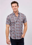 Max Colton White with Black, Purple, Orange, Magenta, Blue and Navy Flowers Short Sleeve Jersey Knit